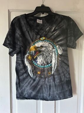 Black Tie-Dye Eagle Graphic Tee with Turquoise Accents